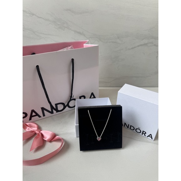 Pandora Authentic New In Box Pink Heart Silver Necklace With Bag and Packaging